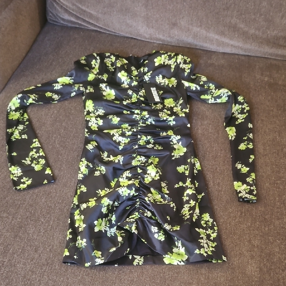 Rotate Floral Black and Green Ruched Dress